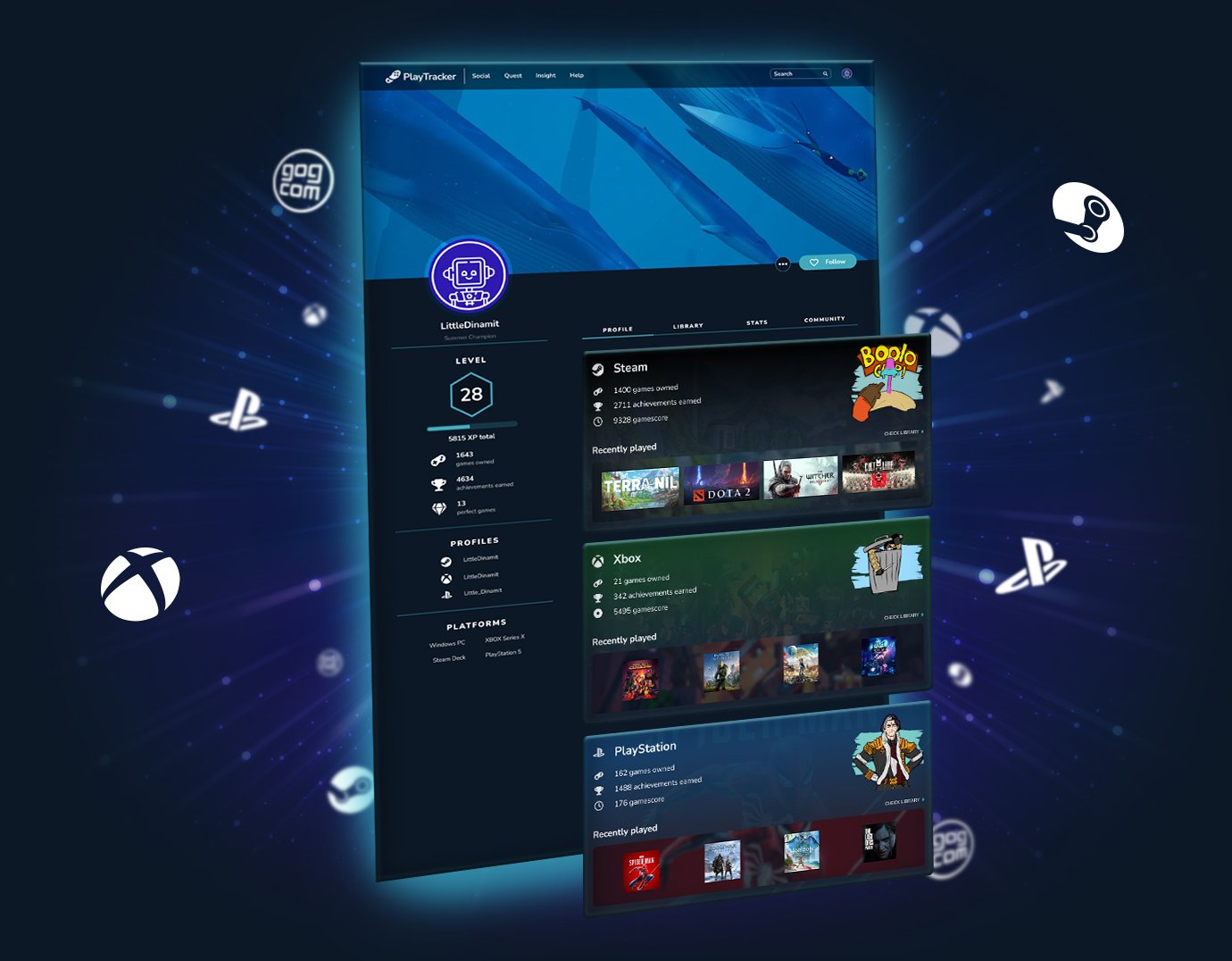A visual of a PlayTracker profile being fed by data from various platforms and adorned with cosmetics that pop out of the screen